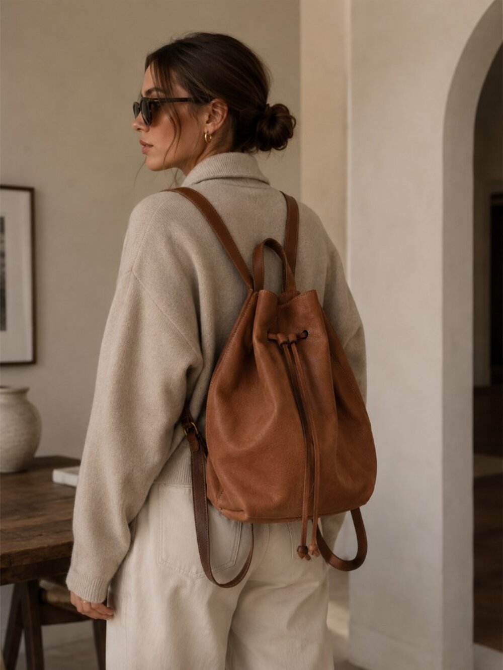 Madewell Brown Leather Drawstring Backpack Bucket Bag Rucksack Pebbled Leather